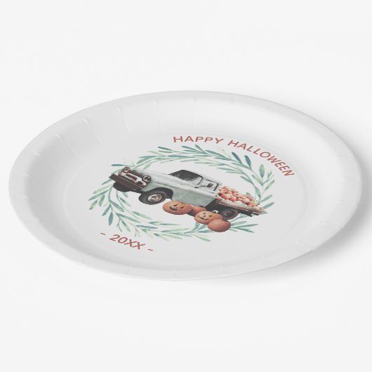 ファミリー素朴リースハロウィーンパンプキントラック ペーパープレート (アングル)