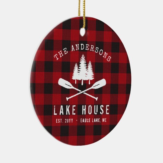 ファミリー素朴レイクハウスツリーズレッドバッファロープレイド セラミックオーナメント (右)