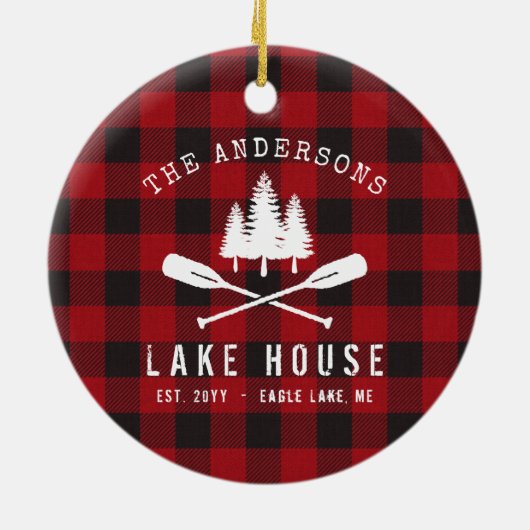 ファミリー素朴レイクハウスツリーズレッドバッファロープレイド セラミックオーナメント (裏面)