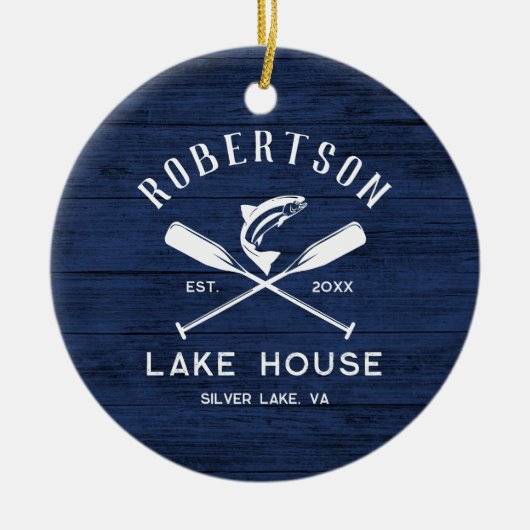 ファミリー素朴レイクハウスネイビーブルーウッドフォト セラミックオーナメント (正面)