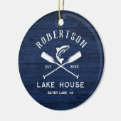 ファミリー素朴レイクハウスネイビーブルーウッドフォト セラミックオーナメント (左)