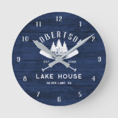 ファミリー素朴レイクハウスネイビーブルーウッド ラウンド壁時計 (正面)