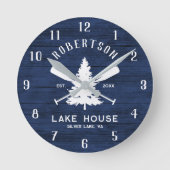 ファミリー素朴レイクハウスフィアツリーネイビーブルーウッド ラウンド壁時計 (正面)