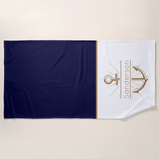 ファミリー航海のモノグラムネイビーブルー金ゴールドいかり ビーチタオル (正面)