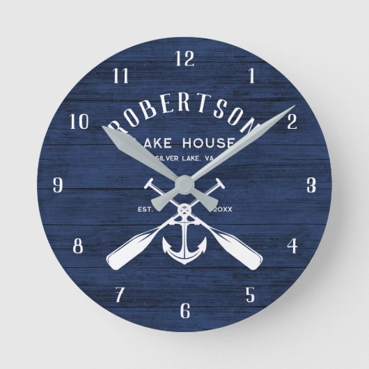 ファミリー航海のレイクハウスいかりネイビーブルーウッド ラウンド壁時計 (正面)