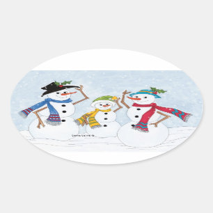 ファミリー雪だるまステッカー 楕円形シール