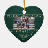 ファミリー2フォト初めてのクリスマスグリーン&金ゴールドハート セラミックオーナメント (正面)