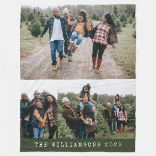 ファミリー4フォトコラージュ名前をカスタムするグリーンクリスマス フリースブランケット