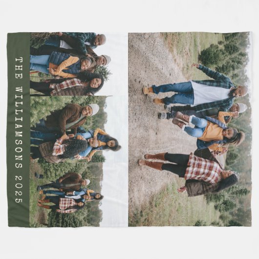 ファミリー4フォトコラージュ名前をカスタムするグリーンクリスマス フリースブランケット (正面(横))