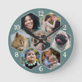 ファミリー フォト コラージュ 7 カスタム ティール ヘキサゴン フラワー ラウンド壁時計 (正面)