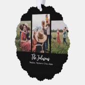 ファミリー モダンスクリプト ブラック 3 フォト オーナメントカード (左)