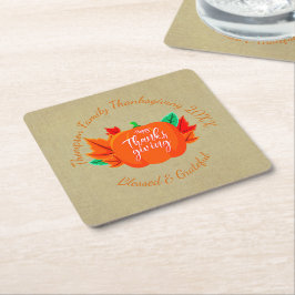 ファミリ名を追加文字感謝祭カボチャ スクエアペーパーコースター
