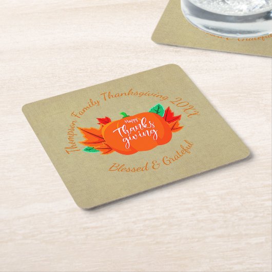 ファミリ名を追加文字感謝祭カボチャ スクエアペーパーコースター (アングル)