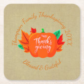 ファミリ名を追加文字感謝祭カボチャ スクエアペーパーコースター (正面)