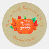 ファミリ名を追加文字感謝祭カボチャ ラウンドシール (正面)