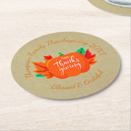 ファミリ名を追加文字感謝祭カボチャ ラウンドペーパーコースター