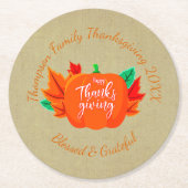 ファミリ名を追加文字感謝祭カボチャ ラウンドペーパーコースター (正面)
