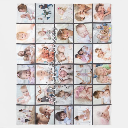 ファミリ名オーバーレイ30フォトコラージュテンプレートグレー フリースブランケット (正面)