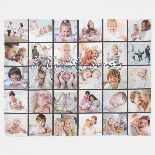 ファミリ名オーバーレイ30フォトコラージュテンプレートグレー フリースブランケット (正面(横))
