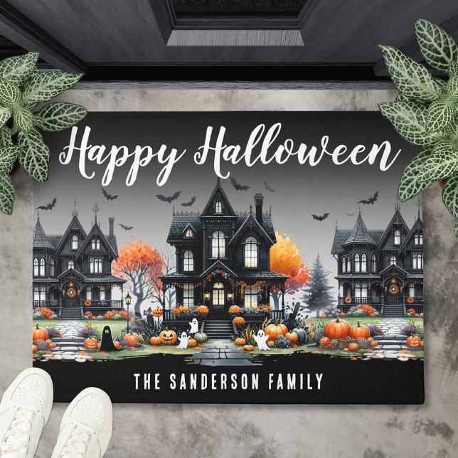 ファミリ名ハッピーハローウィン ドアマット (Family Name Happy Halloween Doormat)