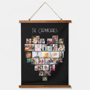ファミリ名ハートシェイプ写真コラージュ29 Pic Black 吊り下げ型タペストリー