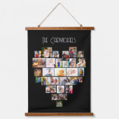 ファミリ名ハートシェイプ写真コラージュ58 Pic Black 吊り下げ型タペストリー (正面)