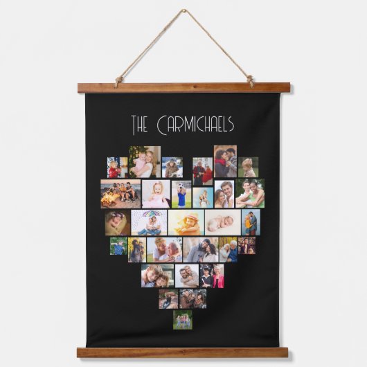 ファミリ名ハートシェイプ写真コラージュ58 Pic Black 吊り下げ型タペストリー (正面)