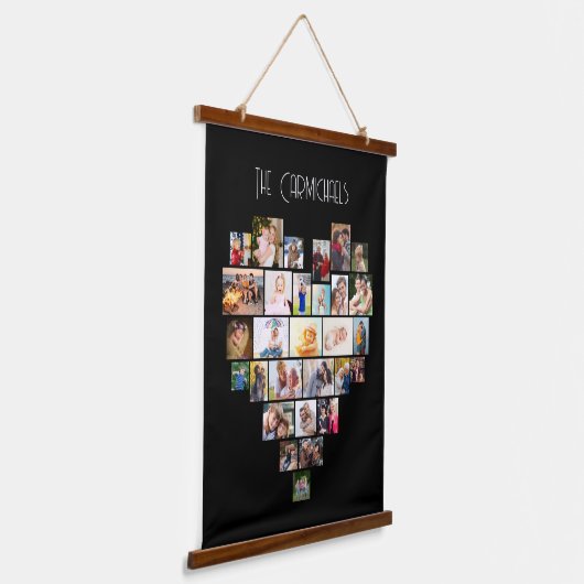 ファミリ名ハートシェイプ写真コラージュ58 Pic Black 吊り下げ型タペストリー (傾斜あり)