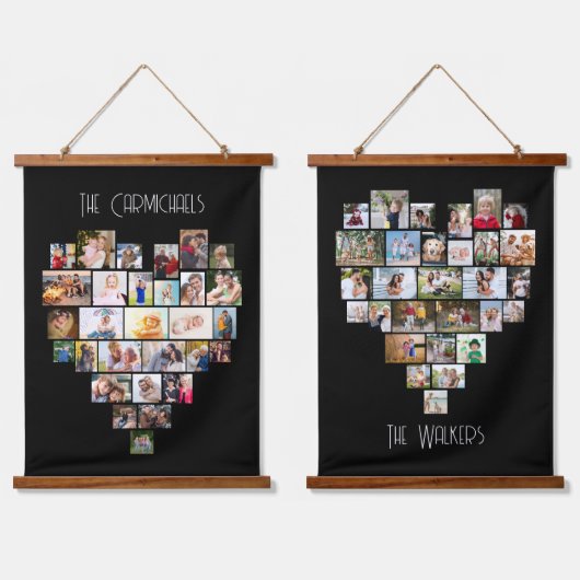 ファミリ名ハートシェイプ写真コラージュ58 Pic Black 吊り下げ型タペストリー (ダブル)