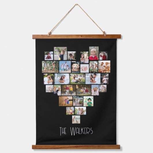 ファミリ名ハートシェイプ写真コラージュ58 Pic Black 吊り下げ型タペストリー (正面2)