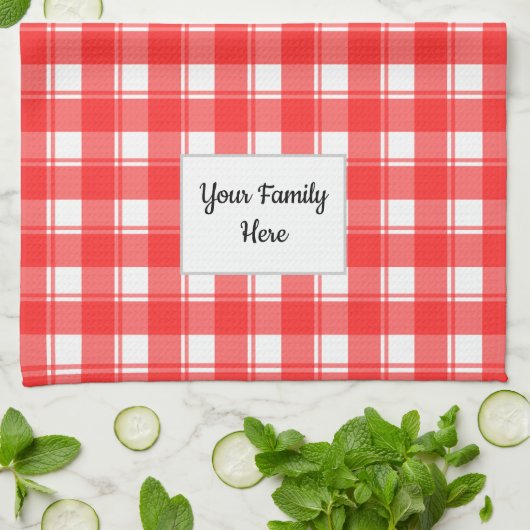 ファミリ名編集可能な赤い白レトロ格子模様 キッチンタオル (折り畳み)