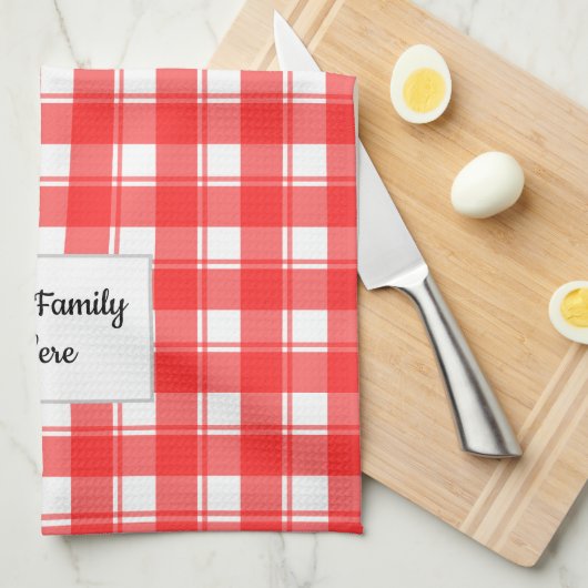 ファミリ名編集可能な赤い白レトロ格子模様 キッチンタオル (四つ折り)