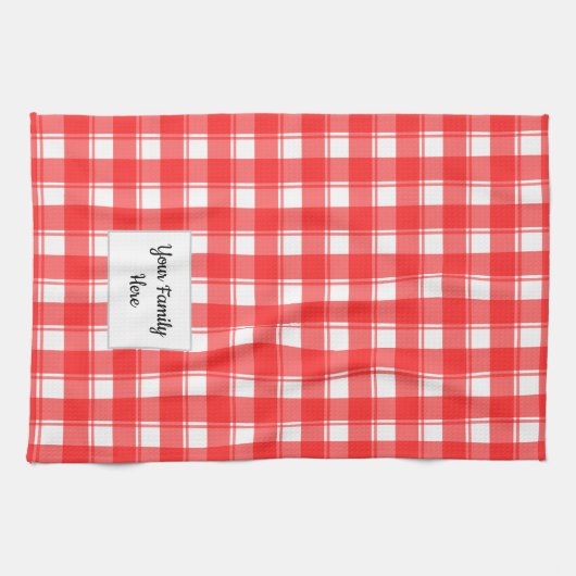 ファミリ名編集可能な赤い白レトロ格子模様 キッチンタオル (横)