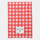 ファミリ名編集可能な赤い白レトロ格子模様 キッチンタオル (縦)