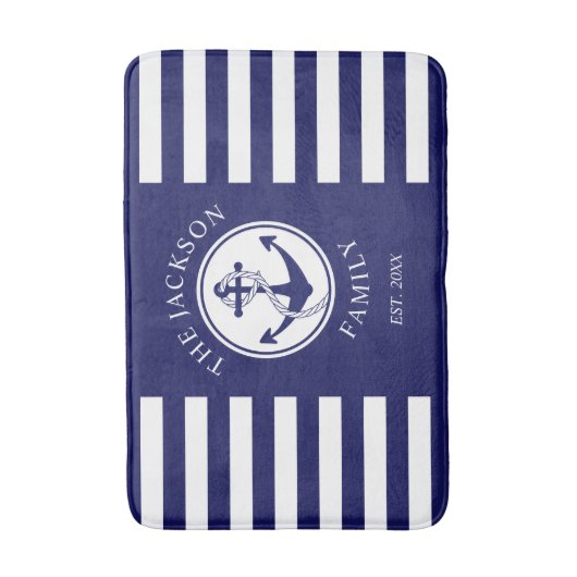 ファミリ名航海のいかり青ストライプ色 バスマット (正面縦)