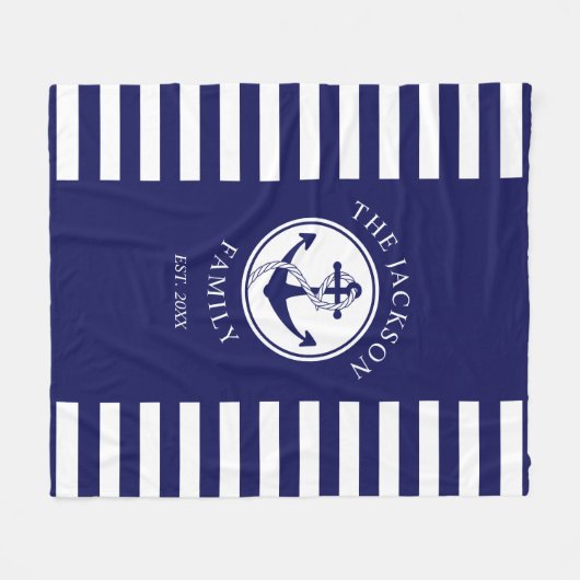 ファミリ名航海のいかり青ストライプ色 フリースブランケット (正面(横))