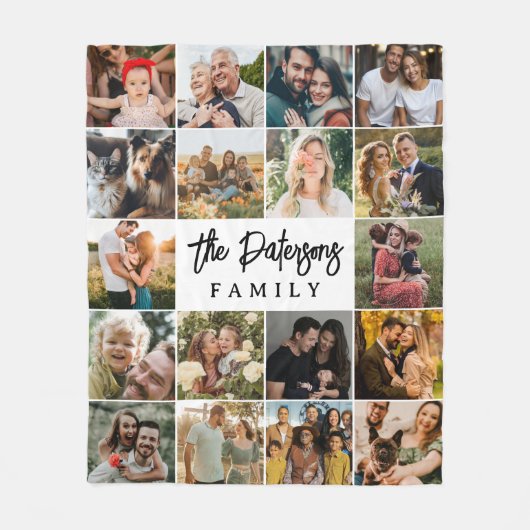 ファミリ名18フォトコラージョモダンンエレガントスクリプト フリースブランケット (正面)