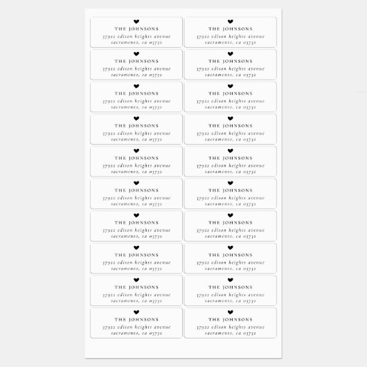 ファミリ名、ハートおよび差出人住所カスタム ラベル (シート)