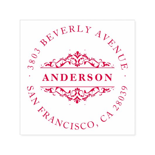 ファミリ名 |レッドフローリッシュラウンド差出人住所 セルフインキングスタンプ (デザイン)