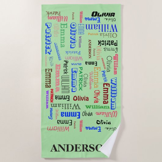 ファミリ名🃏Wordコラージュ ビーチタオル (正面)