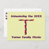 ファミリ懇親会カラフル発表文字T 案内ポストカード (正面/裏面)