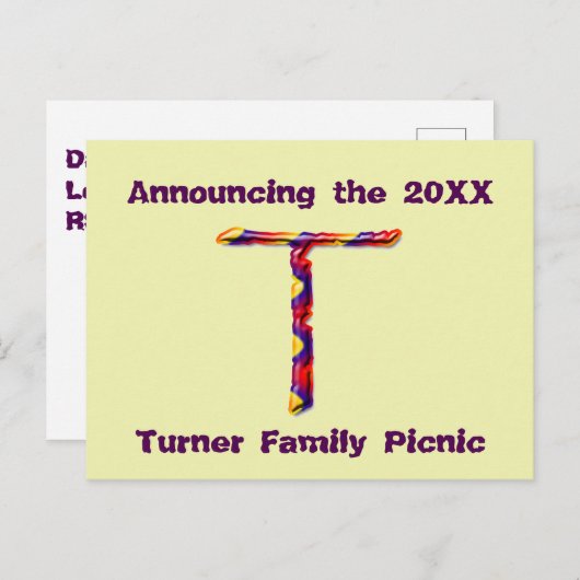 ファミリ懇親会カラフル発表文字T 案内ポストカード (正面/裏面)