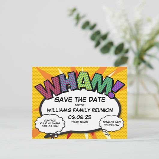 ファミリ懇親会パーティー日付の保存モダンおもしろい  案内ポストカード (スタンド正面)