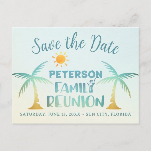 ファミリ懇親会ビーチパームツリー日付を保存 案内ポストカード (正面)