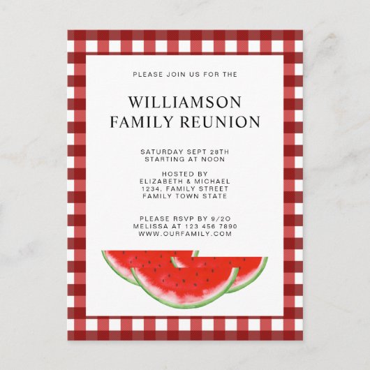 ファミリ懇親会レッドホワイトチェック インビテーションポストカード (正面)