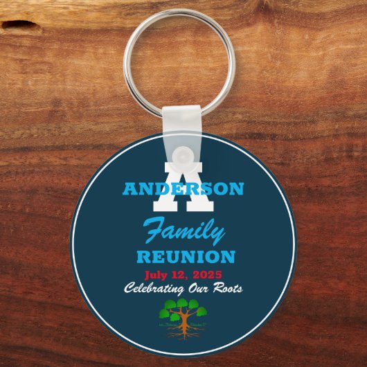 ファミリ懇親会任意の名前任意の日付スクリプト文字青 キーホルダー (正面)