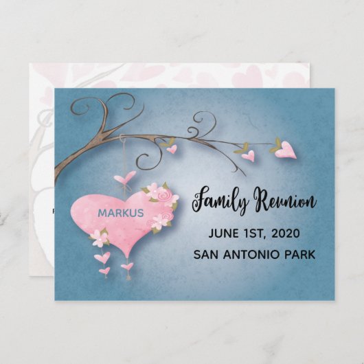 ファミリ懇親会招待状日付ハートツリーを保存 ポストカード (正面/裏面)