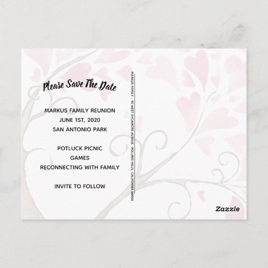 ファミリ懇親会招待状日付ハートツリーを保存 ポストカード (裏面)