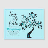 ファミリ懇親会日付の保存ティール(緑がかった色)ツリーマグネットカード (正面)