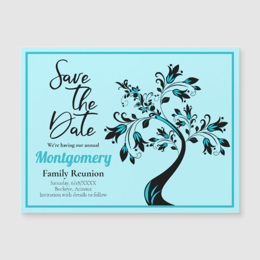 ファミリ懇親会日付の保存ティール（緑がかった色）ツリーマグネットカード (正面)